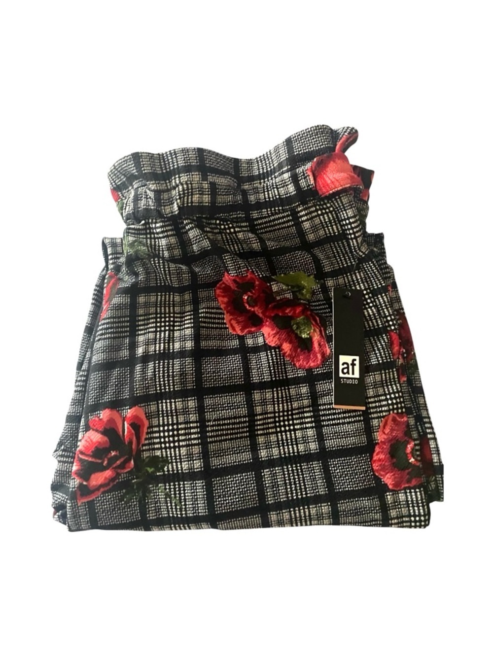 NWT-AF Studio Black & White Plaid Floral pants with Red Roses-size xl